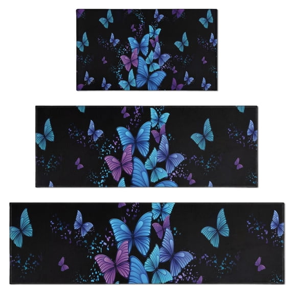 Black Blue Purple Butterfly Pattern Kitchen Rugs Sets Of 3,Kitchen Runner Rugs Non Skid Washable,Decorative Kitchen Floor Mats for Kitchen,Sink,Laundry,17"x30"+ 17"x47" + 17"x59"