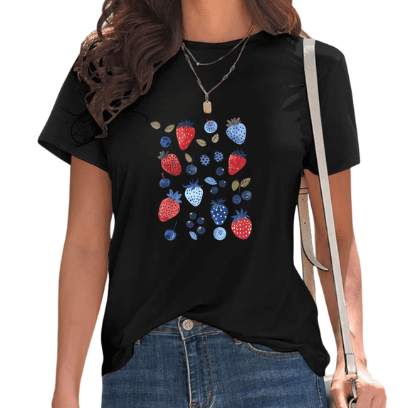 Black Blue & Red Mixed Berry Print T-Shirt Women's Casual Loose Fit Short Sleeve Fresh Fruit Aesthetic Summer Graphic Tee Tops S-5XL