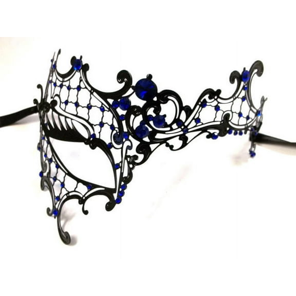 Black Blue Rhinestone Phantom Laser Cut Venetian Masquerade Metal Filigree Mask