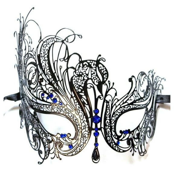 Black Blue Rhinestone Swan Laser Cut Venetian Mask Masquerade Metal
