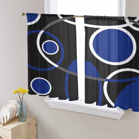 Black Blue Sheer Curtains 54 Inches Length 2 Panels Set, Window Sheer Curtains for Living Room/Bedroom, White Circle Geometric Abstract Texture Light Filtering Rod Pocket Curtain 52'' x 54'' x 2