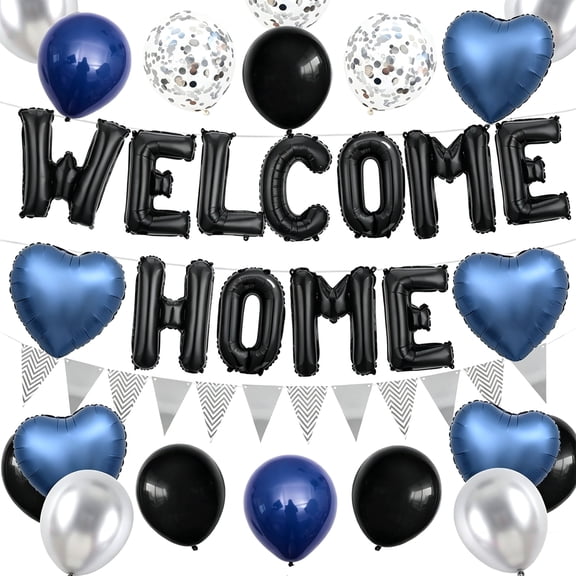 Black Blue Silver Welcome Home Party Decor Set, Foil Banner & Balloons for Housewarming & Family Celebrations