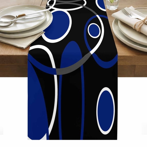 Black Blue Table Runner - 90 Inch Long, Kitchen Dining Table Runner Dresser Scarves, White Circle Geometric Abstract Texture Farmhouse Decor for Coffee Tables Wedding Party Banquet