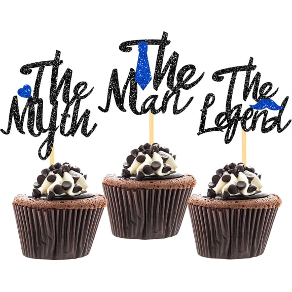 Black & Blue The Man The Myth The Legend Glitter Cupcake Toppers, 12pcs Tie Mustache Cupcake Picks for Father's Day Men's Birthday Party Decorations