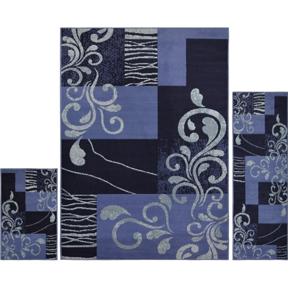 Black Blue Transitional Vines 3PC Rug Set - Area Rug (5' x 7'), Runner (2' x 5'), Accent Mat (2' x 3')