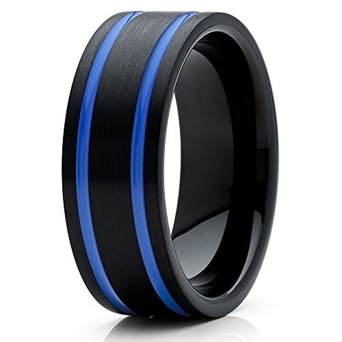 Silly Kings Jewelry 8mm Black Brushed Tungsten Carbide Wedding Band Double Blue Groove Pipe Cut Unisex Ring 10 (10)