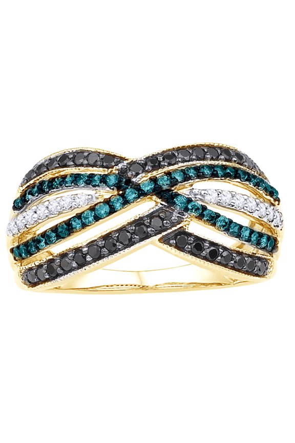Black, Blue & White Natural Diamond Layered Crossover Ring in 10k Yellow Gold