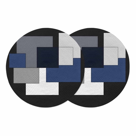 Black Blue White Round 15 Inch Placemats Set of 2, Contemporary Minimalist Geometric HeatResistant Non Slip Place Mats for Dining Table, Wipeable Braided Kitchen Table Mats for Housewarming