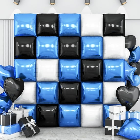 Black Blue White Square Foil Balloon Wall,25Pcs Double Sided Foil Balloons Backdrop Helium Polyester Tunnel Arch Garland Kit for Birthday Bridal Anniversary Baby Shower Party Decorations