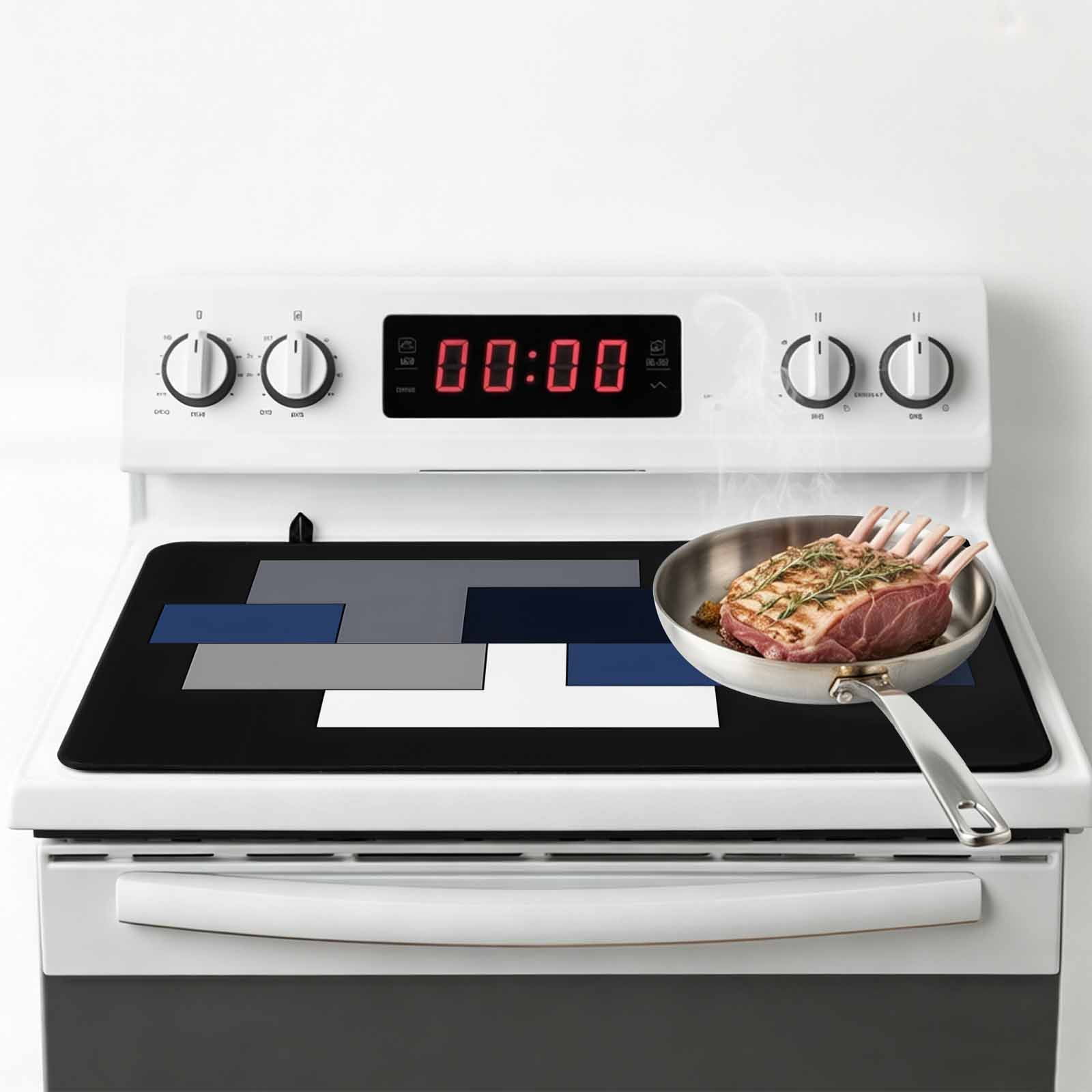 Black Blue White Stove Top Cover for Electric Stove, Heat-proof & Non Slip Glass Top Stove Cover Protector, Contemporary Minimalist Geometric Kitchen Flat Cooktop Rubber Mat 24x21 Inches
