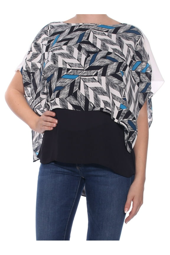 Black Blue Windowpane-Print Poncho-Sleeve Urban Deco Blouse 8