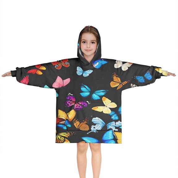 Black Blue Yellow Butterfly Pattern Blanket Hoodies for Kids 6-13YR Oversize Wearable Blanket Hoodies for Boys Girls Teens