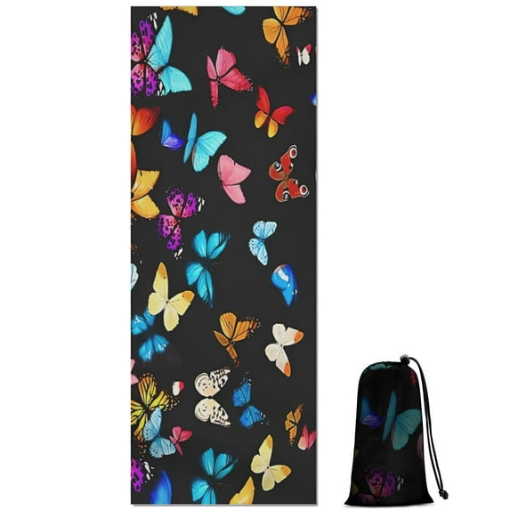 Black Blue Yellow Butterfly Pattern Hot Yoga Mat Towel Non Slip for Hot Yoga - Quick-Drying Yoga Mat Cover with 4 Corner Pockets with Travel Bag - Hot Yoga Towel Non Slip 74"x26"