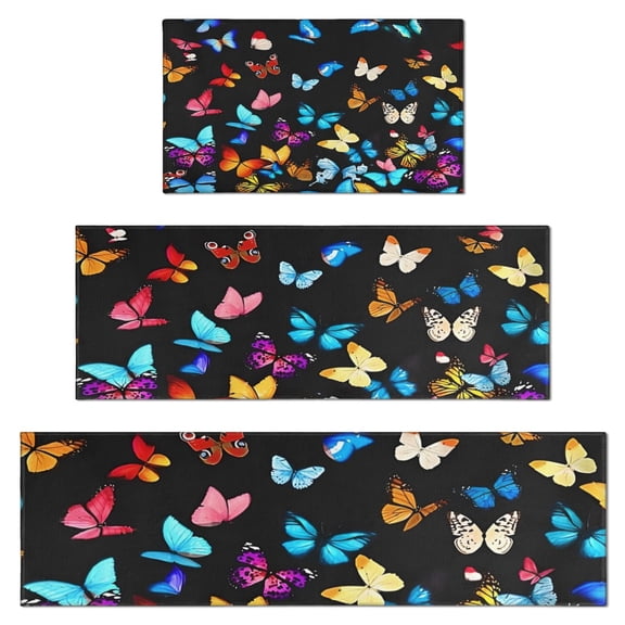 Black Blue Yellow Butterfly Pattern Kitchen Rugs Sets Of 3,Kitchen Runner Rugs Non Skid Washable,Decorative Kitchen Floor Mats for Kitchen,Sink,Laundry,17"x30"+ 17"x47" + 17"x59"