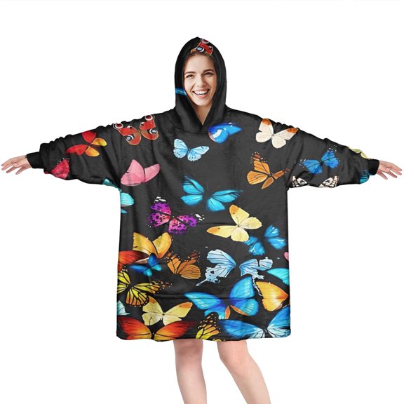 Black Blue Yellow Butterfly Pattern Wearable Oversized Blanket,Wearable Blanket Hoodie for Adults,Cozy Hooded Blankets with Super Pockets,Super Warm Fuzzy Pullover for Women & Men