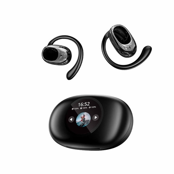 Black Bluetooth Earphones Hanging Ear Style With Intelligent Control Screen Led Full Color Display Music Game Movie Modes Bluetooth 5.4 Openear Design Plastic Build Bluetooth Earphones Bla