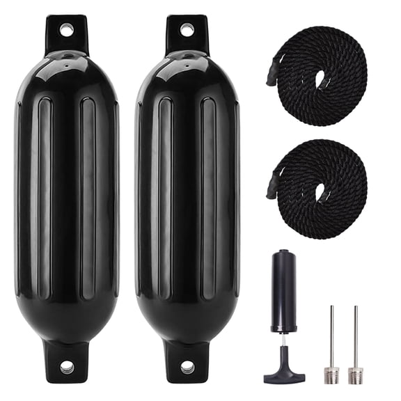 VANCUS Black Boat Fenders 2 pack, 4.5 x 16 inches Ribbed Twin Eyes Boat Bumpers Fenders for Docking, Comes with Ropes Needles and Pump to Inflate
