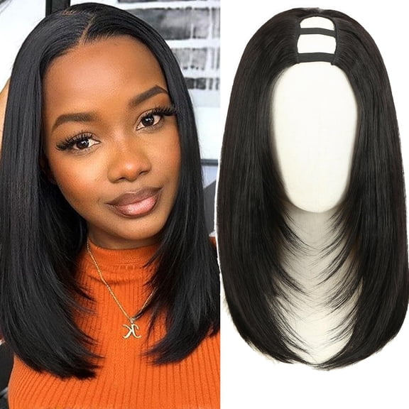 Black Bob U Part Wig for Women 14 Inch Layered Glueless Synthetic Half Wig
