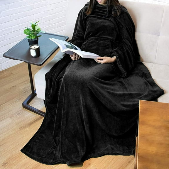 Black Body Sleeve Blanket,Wearable Blanket with Sleeves and Pocket, Cozy Soft Fleece Mink Micro Plush Wrap Throws Blanket Robe for Women and Men,59.10x70.87inch