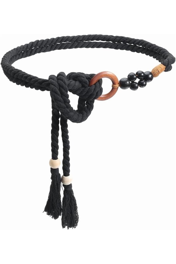 Black Bohemian Belt Boho Rope Waist Wrap Handmade Cotton Tassel Knotted Weaving Bead Macrame Ring Apparel Decorative Chain Long Retro Skinny