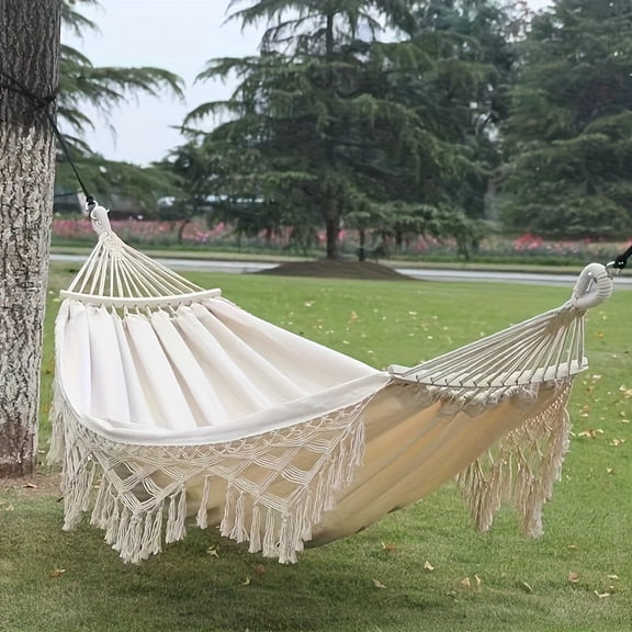 Black Bohemian Extra Large Thick Canvas Hammock, Heavy-Duty Luxury with Anti-Tipping, 2 Wooden Bars White Tassels, for Patio, Balcony, Lawn Outdoor Relaxing