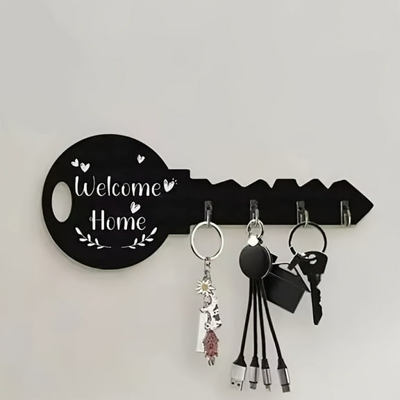 Black Bohemian Farmhouse Key Hooks Wall Organizer – “Welcome Home” Wooden Sign with Wall-Mounted Key, Hat & Bag Hangers for Entryway, Porch, Kitchen or Bedroom