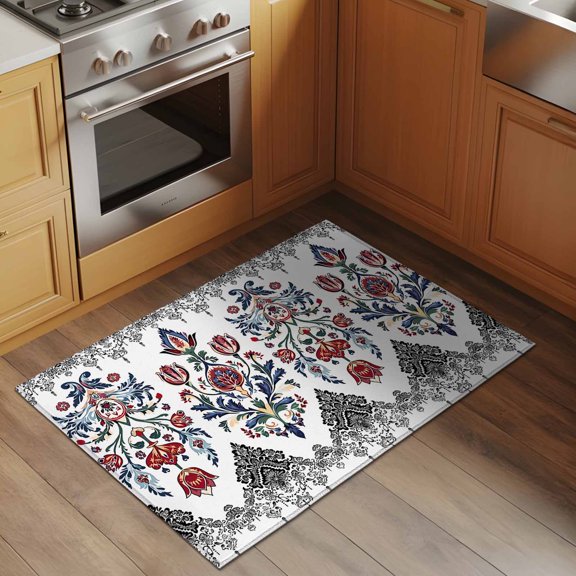 Black Bohemian Flower 2x3 Rug for Entryway Front Door Kitchen Sink Area, Tribe Boho Aztec Low Pile Washable Non Slip Rectangle Area Rug