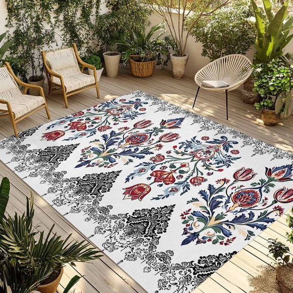 Black Bohemian Flower Outdoor Rug, Tribe Boho Aztec Non-Slip Area Rugs Carpet Breathable Large Floor Mat for Outdoors Patio Porch Deck Beach 3’ x 5’