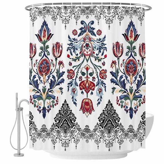 Black Bohemian Flower Shower Curtain Set with Hooks, Tribe Boho Aztec Water Repellent Shower Curtains for Bathroom Decor Sturdy Shower Curtain, Machine Washable 36x72 Inch