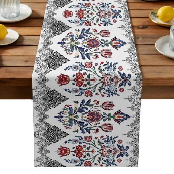 Black Bohemian Flower Table Runner, Tribe Boho Aztec Kitchen Table Runners Dress Scarves for Table Decorations Party/Restaurant/Indoor Outdoor Use, 13x36in