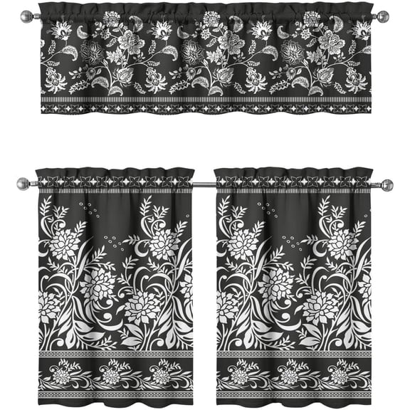 Black Bohemian Kitchen Curtains Set of 3 for Windows, Kitchen, Bathroom Curtains Sink Window Valances Set of 3, Boho Floral Kitchen Decor for Living Room 54x36 Inch
