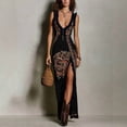 thumbnail image 1 of Black Bohemian Print Sleeveless Maxi Dress With Side Slit And Ruffle Neck, 1 of 6