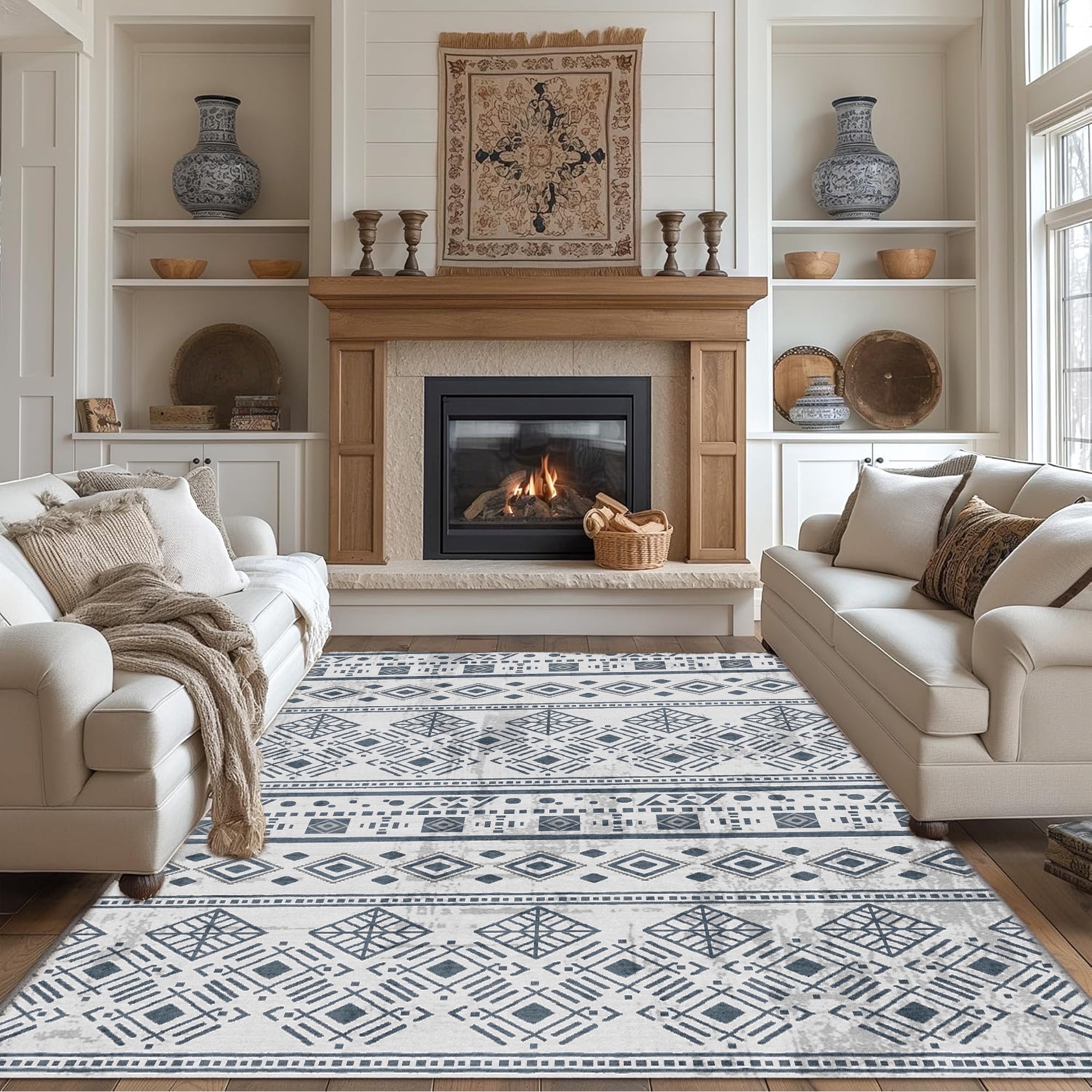Black Boho 6x9 Area Rugs, Washable Kitchen Entry Rug Non Slip, Ultra Soft Print Distressed Geometric Low-Pile Throw Carpet for Bedroom Nursery Dorm Decor