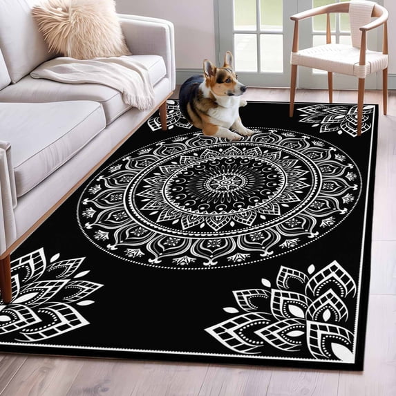 Black Boho Area Rug 3x5 FT, Non Slip Entryway Bedside Carpet, Retro Farmhouse Neutral Abstract Geometric Washable Soft Floor Carpet Indoor Mat Non-Shedding Throw Rugs for Dorm Kitchen Home Office