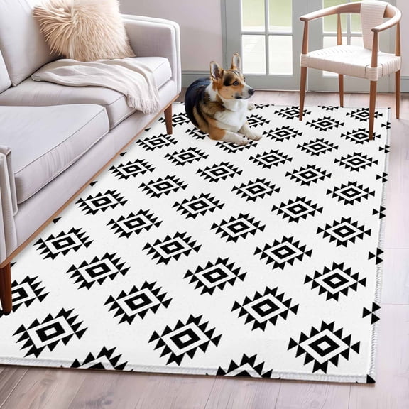 Black Boho Area Rug 4x6 Washable Rug Non Slip Modern Tribal Aztec Abstract Geometric Large Area Rug Indoor Floor Carpet for Entryway Bedroom Kitchen Living Room Home Office Dining Room Nursery