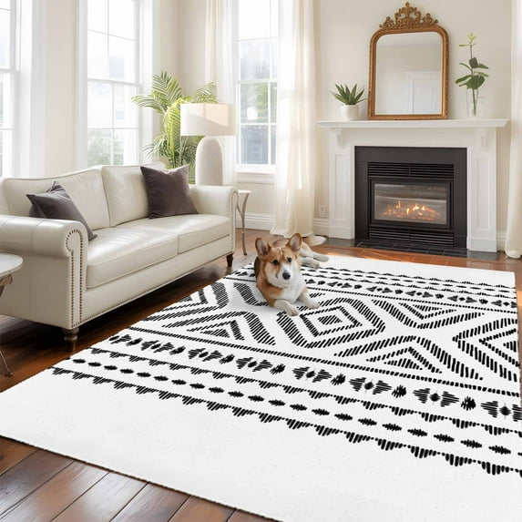 Black Boho Area Rug 5x8 FT, Non Slip Bedroom Throw Carpet, Vintage Southwestern Geometric Stripes Washable Soft Floor Carpet Non-Shedding Rug for Living Room Nursery Dorm Office