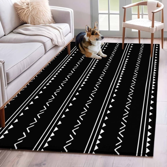 Black Boho Area Rugs 4x6 ft Geometric Stripes Triangle Washable Rug Non Slip Indoor Carpet Absorbent Floor Mat for Living Room Bedroom Dining Room