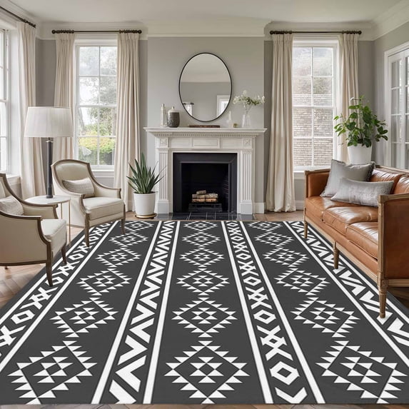 Black Boho Area Rugs 5'x7', Washable Small Throw Rugs for Laundry Room Playroom, Abstract Geometric Bohemia Ethnic Striped Indoor Outdoor Rug Non-Slip Low Pile Carpet Runner Reversible Floor Mats
