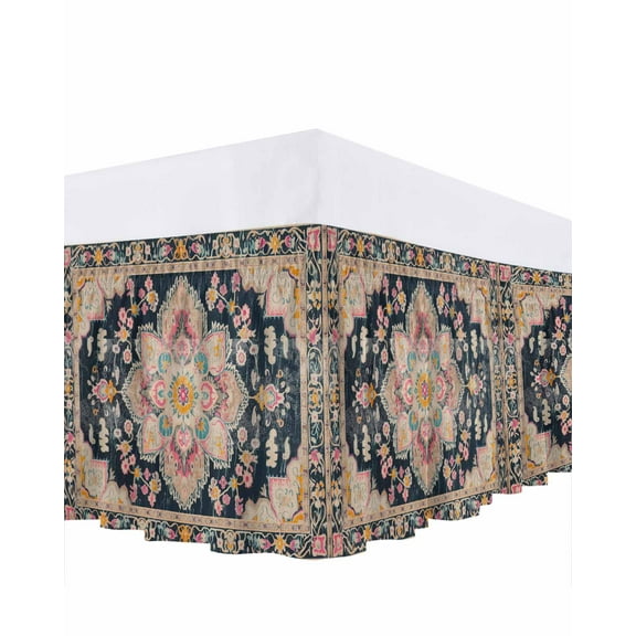 Black Boho Bed Skirt Queen Size 18" Drop Oriental Medallion Retro Distressed Bohemian Ruffled Wrap Around Bed Skirts Adjustable Elastic Bedskirt Dust Ruffle for Queen Size Bed