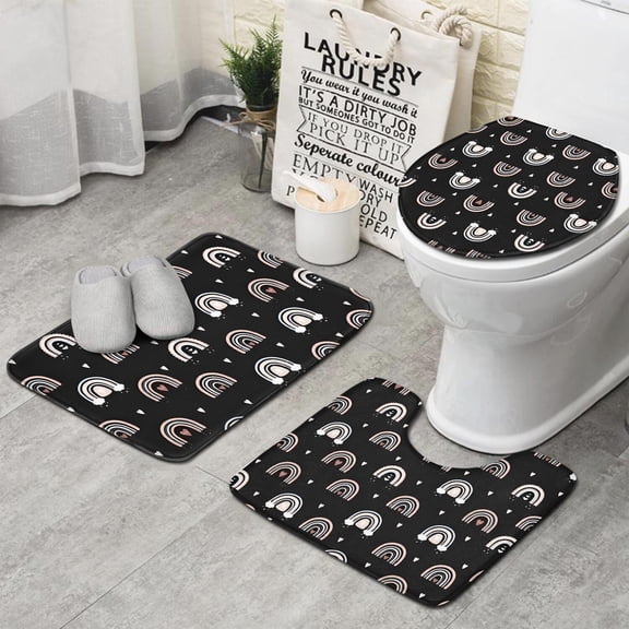 Black Boho Bohemia Rainbow Hearts Pattern Bathroom Rugs Sets 3 Piece,Toilet Cover Set,Absorbent Non Slip Bathroom Mats Sets with U-Shaped Contour Rug Toilet Rug Set