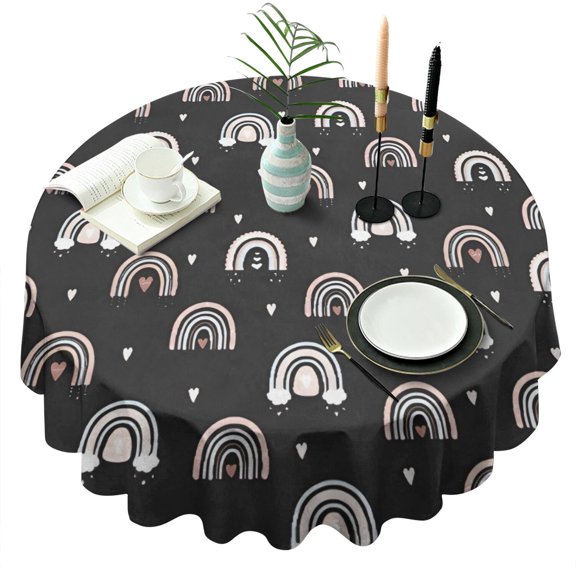 Black Boho Bohemia Rainbow Hearts Pattern Round Tablecloth 60"x60",Wrinkle Wipeable Table Cloth for Kitchen Dining Room Picnic Patio Party
