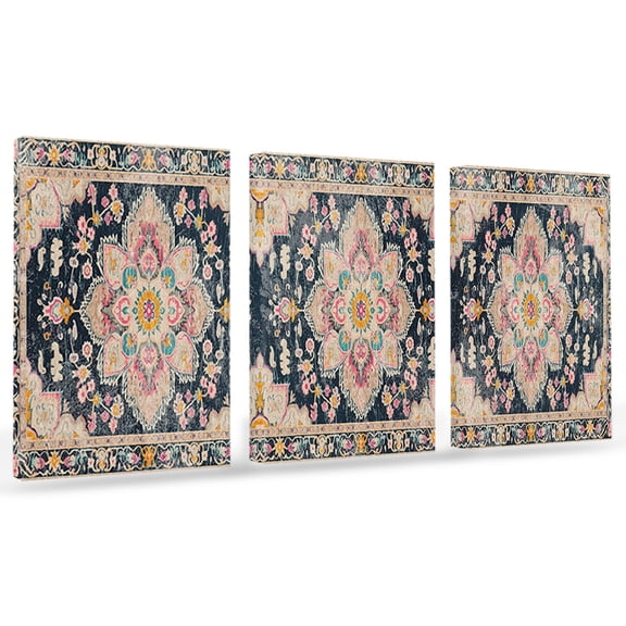 Black Boho Canvas Wall Art 3 Panels, Oriental Medallion Retro Distressed Bohemian Framed Wall Decor Modern Artwork Prints Painting for Living Room, Bedroom, Kitchen & Cafe Decor 16" x 20"