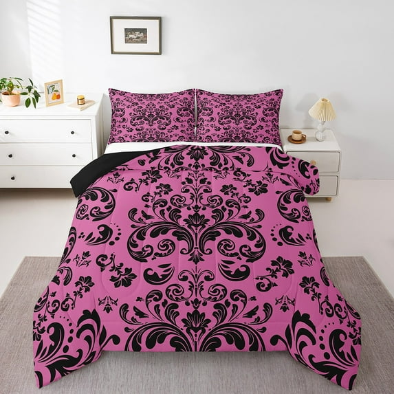 Black Boho Damask Comforter Set Pink Baroque Floral Gothic Twin Bedding Set Adults Women Bohemian Exotic Goth Bedding Comforters Vintage Victorian Flower Quilt Set 2 Pcs