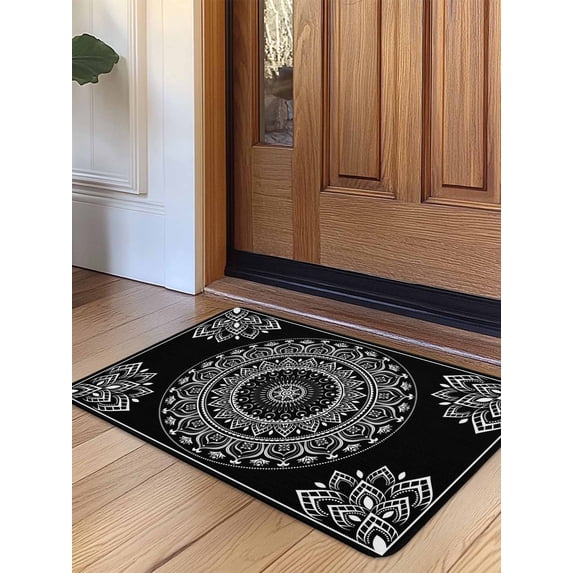 Black Boho Door Mat Indoor Outdoor Entrance,Non Slip Small Rug for Kitchen Bathroom Entryway Rug,Retro Farmhouse Neutral Abstract Geometric Washable Doormat Floor Mat 18x30 Inch