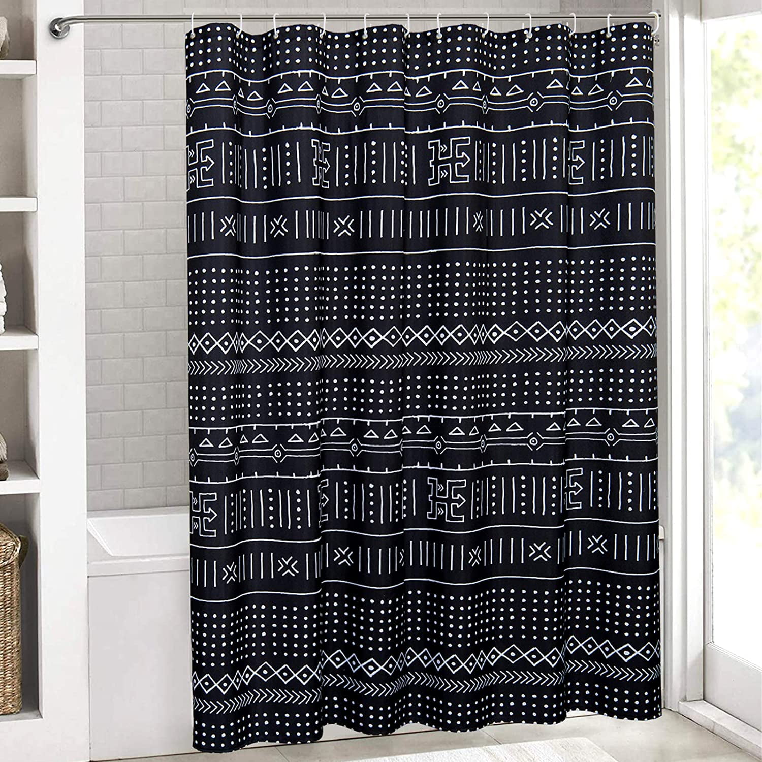 Black Boho Fabric Shower Curtain Mudcloth Patterned Tribal Hippie Simple Geometric Minimalist Bathroom Shower Curtain Sets Mud Cloth Decor, Heavy Weighted & Waterproof (Black , 72 x 72)