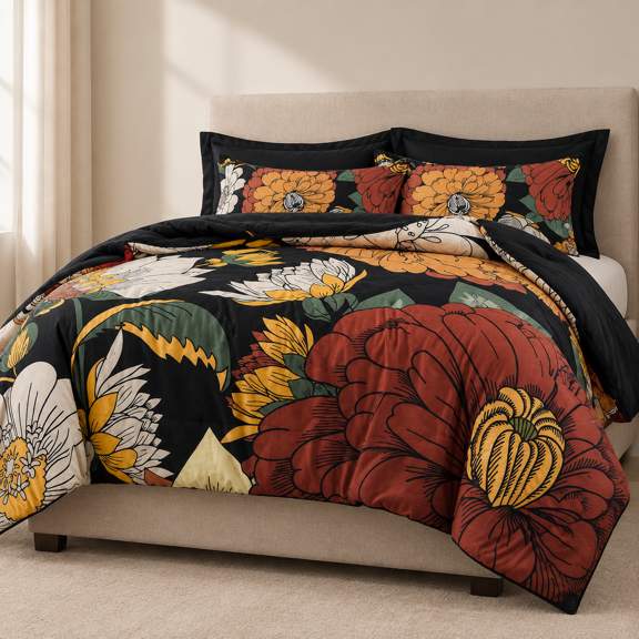 Black Boho Flcomforter Set - 2 Piece Farmhouse Botanical Bedding Sets For All Season Soft Lightweight Mid Century Bed (1 Reversib