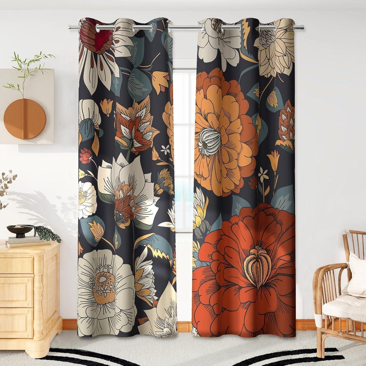 Black Boho Floral 100% Blackout Curtains for Bedroom 72 inch Long 2 ...