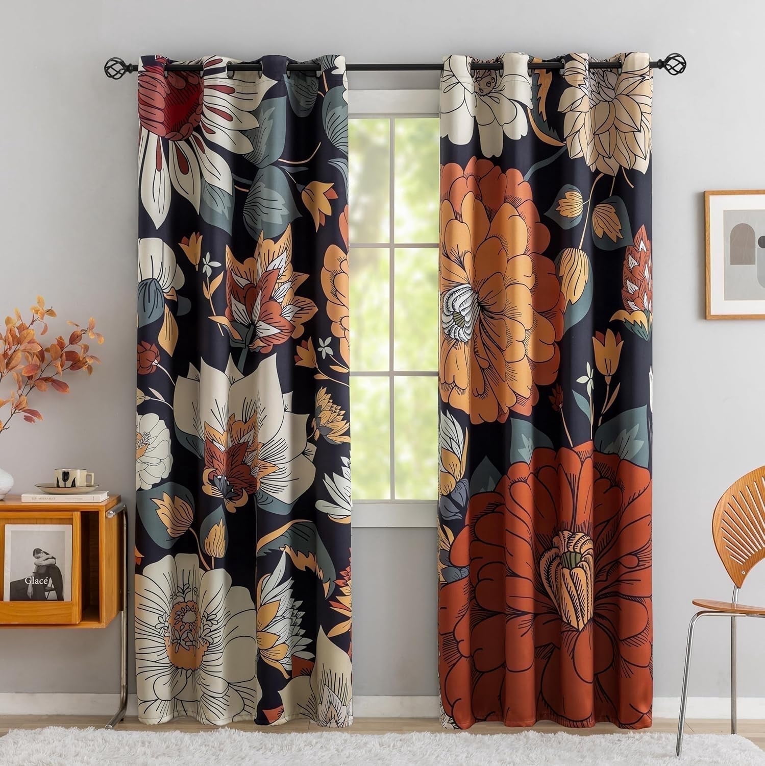 Tyrot 2 Panels Black Boho Floral 100% Blackout Curtains for Bedroom Grommet Curtains, 52" x 84"