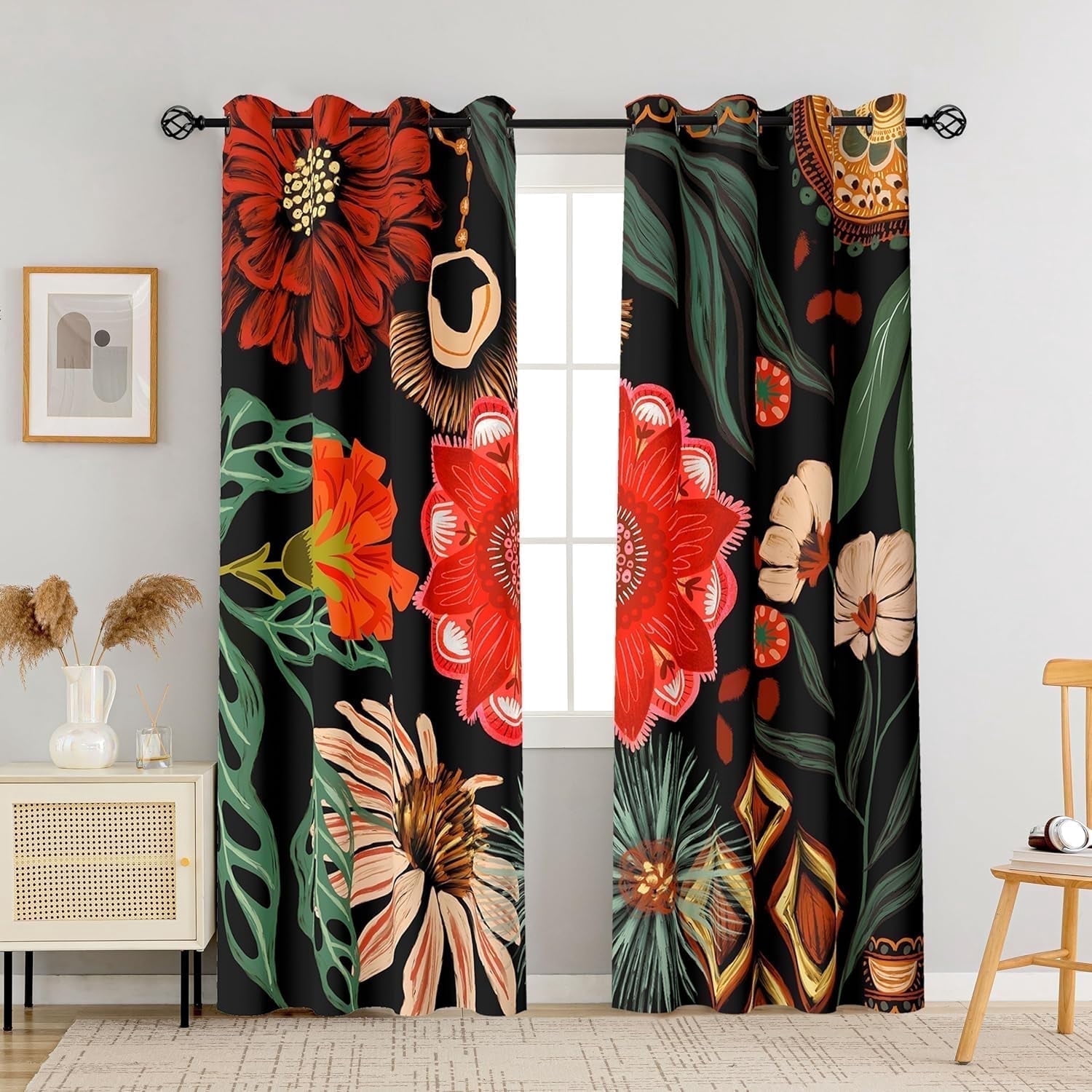Tyrot 2 Panels Black Boho Floral 100% Blackout Curtains for Living Room Grommet Curtains, 52" x 84"