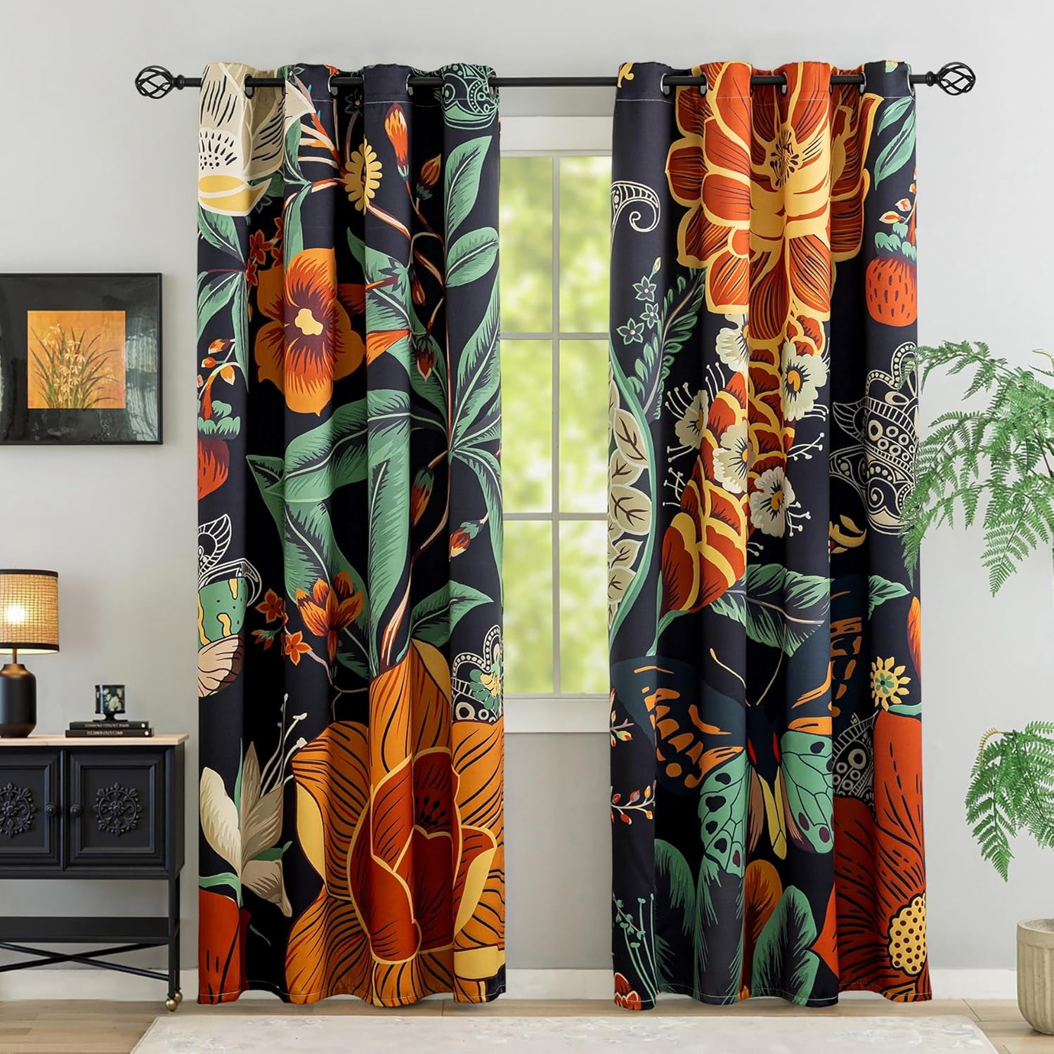Black Boho Floral Blackout Curtains for Bedroom Mid Century Botanical ...